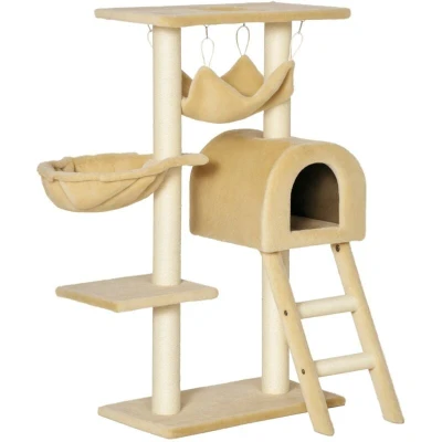 Image of PawHut Cat Tree Tower for Indoor Cats Kitten Activity Centre Scratching Post w/Hammock House Basket Ladder Beige