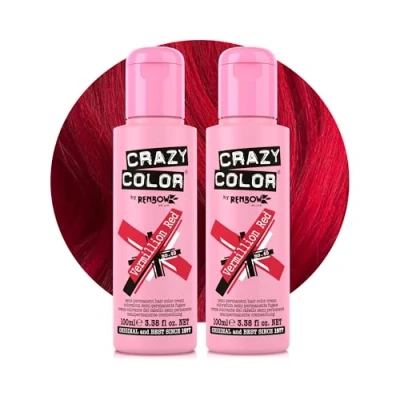 Image of Crazy Color Vibrant Vermillion Red Semi Permanent Duo Hair Dye. Highly Pigmented Scarlet Conditioning &amp; Oil Nourishing Vegan Formula No Bleach or Ammonia 200ml