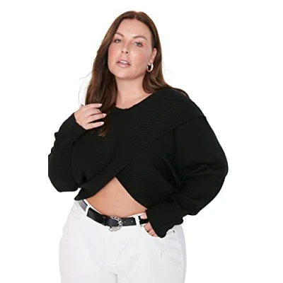 Image of Trendyol Women&#039;s V Neck Plain Regular Plus Size Sweater Sweatshirt, Black, XXL