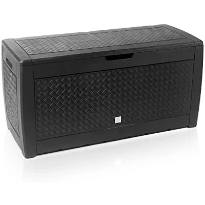 Image of CASARIA® 310L Plastic Garden Storage Box Rolling Wheels Outdoor Cushion Patio Deck Side Carry Handles Lockable Weather Resistant 119x48x60cm Woven Effect Anthracite