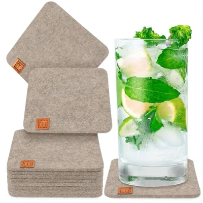 Image of Miqio® Design Felt Coasters Round or Square for Glasses, Sustainable Oekotex Glass Made of Felt, 10 Drinks, Candles, Cups, Bar, Glass, Table Decoration