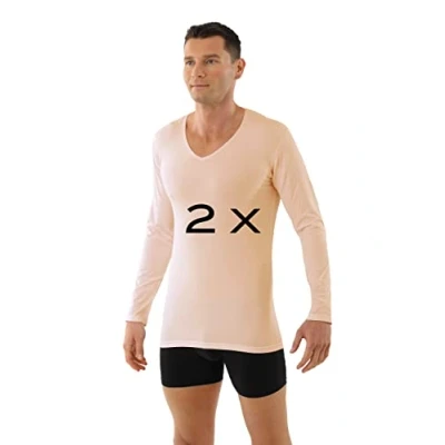 Image of ALBERT KREUZ 2 Pack Men&#039;s Thermal Long Sleeve Undershirt with v Neck Stretch Cotton Beige XL