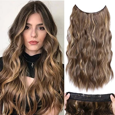 Image of Halos Hair Extension with Transparent Wire, Invisible Wire Extensions 5 Adjustable Sizes, 20 Inch Synthetic Long Wavy Pieces for Women (Color: Honey Blonde Mixed Light Brown)