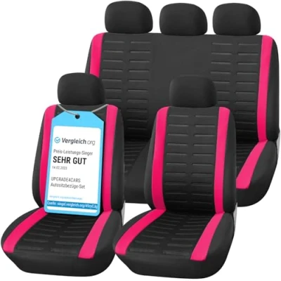 Image of Upgrade4cars Car Seat Covers Pink Full Set Universal Washable Cover for Front Seats, Rear Bench &amp; Headrest Cute Interior Accessories Women