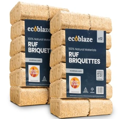 Image of Ecoblaze RUF Fire Blocks 2x 10kg Bags Briquettes Heat Logs Clean, Compressed Organic Hardwood Chips and Shavings Easy to Use Ideal for Wood Burners, Log Burners Firepits
