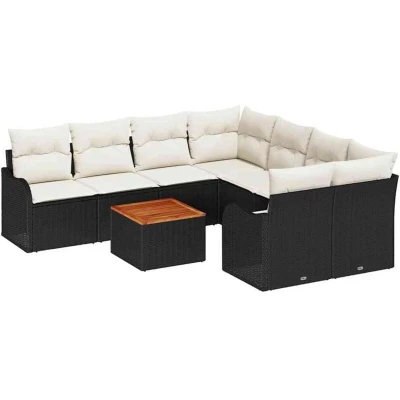 Image of vidaXL 9 Piece Garden Sofa Set with Cushions Black Poly Rattan Acacia