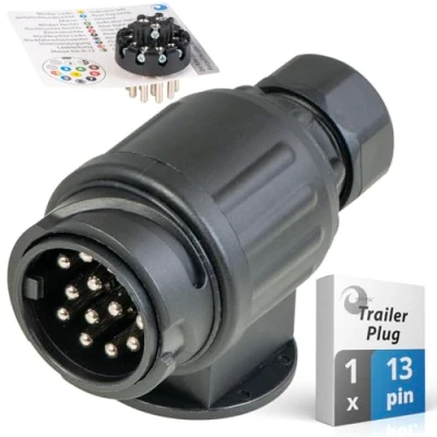 Image of valonic 13 pin trailer plug pin, black incl. wiring template connector for caravan,