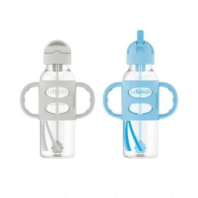Image of Dr. Brown&#039;s Milestones Narrow Sippy Straw Bottle, Spill Proof with 100% Silicone Handles and Weighted Straw, 8 oz/250 mL, Gray &amp; Blue, 6m+