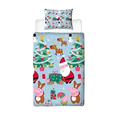 Image of Peppa Pig Santa Design Single Duvet Cover Set Reversible 2 Sided Bedding Including Matching Pillow Case