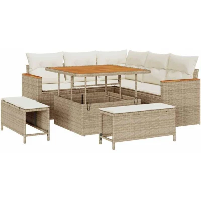 Image of vidaXL 8 Piece Garden Sofa Set with Cushions Beige Poly Rattan Acacia