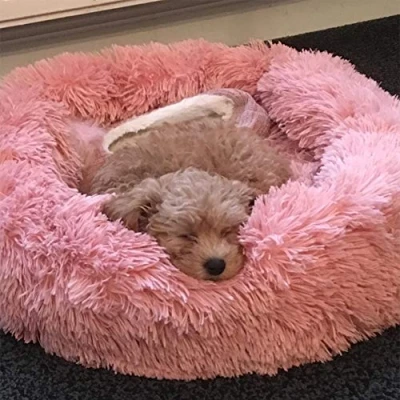 Image of Soft Luxurious Dog Bed Comfortable Cat Donut With Anti Slip Base Cuddler Kennel Puppy Sofa Cushion Pet 60cm Pink