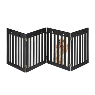 Image of Relaxdays Dog Barrier Fence, 4 part, Free standing, Stair Gate Protection, HxW: 60 x 204 cm, Foldable, Safety, Black, Fibreboard, 2 cm