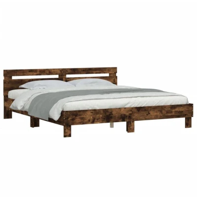 Image of vidaXL Super King Size Bed Frame with Headboard, Smoked Oak, 180x200 cm Plywood Slats, RGB LED, Engineered Wood