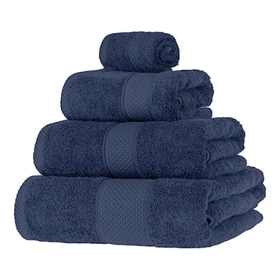 Image of HOMESCAPES Navy Blue Turkish Cotton 4 Piece Towel Set Soft &amp; Absorbent 500 GSM Heavyweight Face Cloth, Hand Towel, Bath Sheet Bale