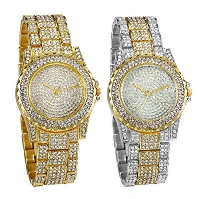 Image of JewelryWe Men Women Watches Stylish Rhinestone Round Quartz Watch Gold Plated Stainless Steel Wristwatch