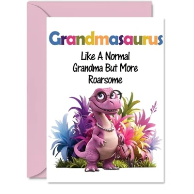 Image of Grandma Mothers Day Card Roarsome Grandmasaurus Happy Birthday for from Grandson Granddaughter, A5 Dinosaur Bday Greeting Cards