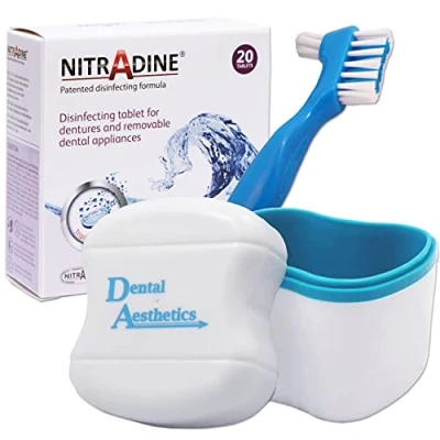 Image of Nitradine, Dental Bath &amp; Brush 20 Tablets for Cleaning Disinfecting (Blue Bath, Blue Brush)