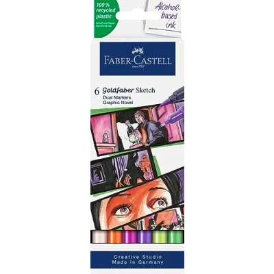 Image of Faber Castell Goldfaber Sketch Marker Graphic Novel 164810 Alcohol with Brush Tip and Fineliner (Pack of 6)