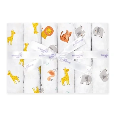 Image of Bloomsbury Mill Muslin Cloths For Baby Soft 100% Organic Cotton Squares Muslins Pack of 6 Large Burp Essentials Newborn Safari Animals 70x70cm