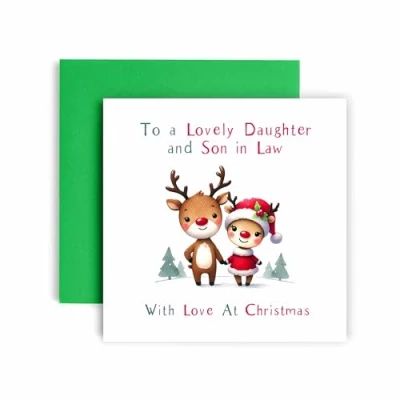 Image of Huxters Festive Christmas card for Daughter and Son In Law Reindeer Cute Design Santa Xmas Traditions (Daughter Law)