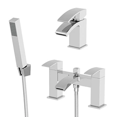 Image of Architeckt® Osmo Bathroom Bath Shower Mixer Tap and Basin Set Deck Mounted Curved Twin Lever Handle Modern, Chrome