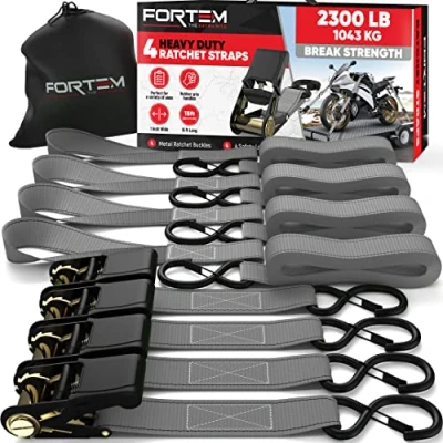 Image of FORTEM Ratchet Tie Down Straps, 4X 4.6m Securing Soft Loops 1043kg Break Strength, Rubber Coated Metal Handles, Plastic Hooks, Carrying Case (Grey)