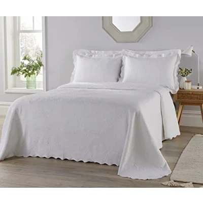 Image of Duvet and Pillow Company WHITE SINGLE BEDSPREAD Matelassé Bedspreads &amp; Coverlets FLORAL TEXTURED FRENCH STYLE Summer Blankets Throws for Beds (180 x 260cm)