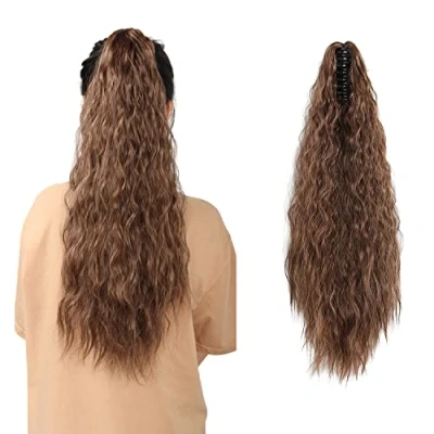 Image of MEIRIYFA Brown Curly Ponytail Extension for Black Women, 22&quot; Long Wavy Claw Clip in Hair Extensions Synthetic Hairpieces Daily Party Use