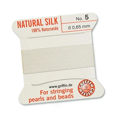 Image of GRIFFIN 100% Natural Silk Beading Cord String Thread White 2 metres with one needle Size 0.65mm