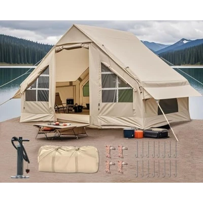 Image of DanCoom Inflatable Tent with Porch, 4/6 Person Family Cabin Tents for Camping, Big Air House Includes Pump, Easy Setup Large Blow Up Tents, Glamping Vestibule