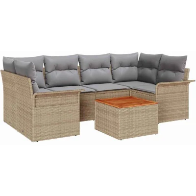 Image of vidaXL 7 Piece Garden Sofa Set with Cushions Beige Poly Rattan Acacia