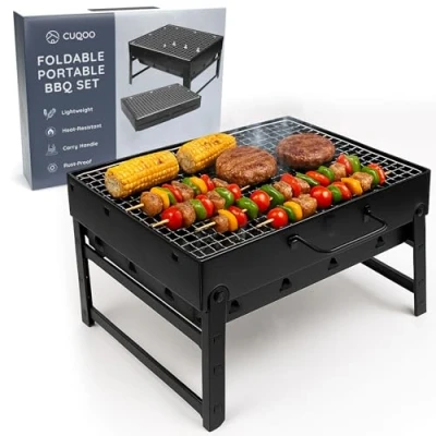 Image of CUQOO Easy to use Portable BBQ Grill Foldable Barbeque Outdoor Travel Charcoal Barbecue Perfect for Camping, Garden, Picnic Folding Camping Stainless Steel Smoker