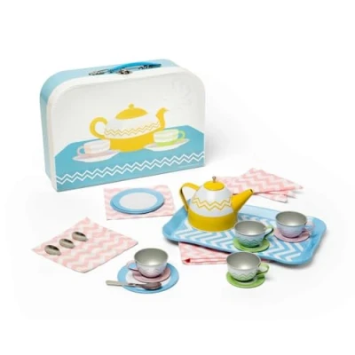 Image of Bigjigs Toys Tin Tea Set 25 Piece Mini Teatime Playset with Carry Case, Children&#039;s Picnic Sets &amp; Accessories, Kitchen Food Playsets, Kids Role Play Toy, Toddler Gifts For Girls Boys, Age 3 Years +