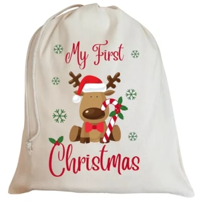 Image of Second Ave Cute Children&#039;s My First Christmas Reindeer Cotton Drawstring Xmas Santa Sack Bag Gift