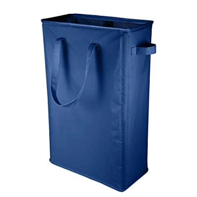 Image of IHOMAGIC Slim Laundry Basket with Carry Handles, Collapsible Clothes Hamper Tall Rectangular Storage Bag Breathable Mesh Cover, Foldable Washing Bin for Bathroom (45L, Navy Blue)