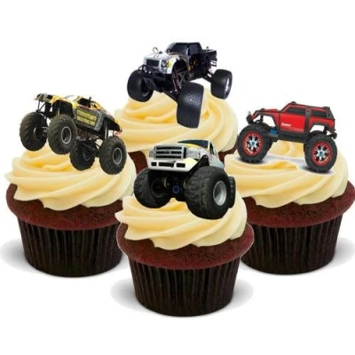 Image of Monster Truck Mix 12 Edible Stand Up Premium Wafer Card Cake Toppers Decorations