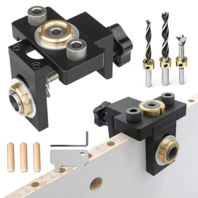 Image of 3 in 1 Pocket Hole Jig Kit, Drilling Template Adjustable Portable 8/10/15mm Woodworking Doweling Kit Set Dowel Aid with Positioning Clip Puncher Locator