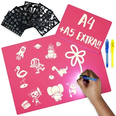 Image of BONNYCO Pink Light Drawing Board Kids A4 and A5, 6 Stencils 2 Spy Pens Girls Toys 4 5 7 8 9 10 Years Old Glow Pad &amp; Gifts for Birthday Christmas