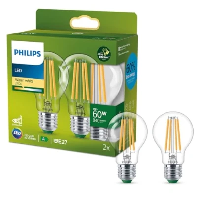 Image of Philips Ultra Efficient energy saving lights, LED light source, 60W, E27, A60, Clear glass, warm white light, 2700 kelvin, non dimmable, 2 pack
