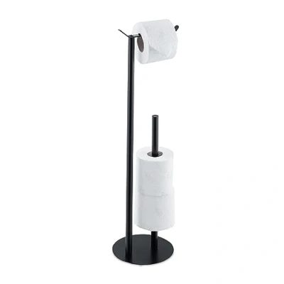 Image of Relaxdays Toilet Paper Holder, Free Standing, Round Base, Spare Roll Storage for Bathroom, HWD: 62 x 20 17.5 cm, Black, Steel
