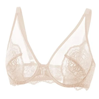 Image of DOBREVA Women&#039;s Lace See Through Bra Front Closure Unlined Underwire Plus Size Minimizer Beige 38C