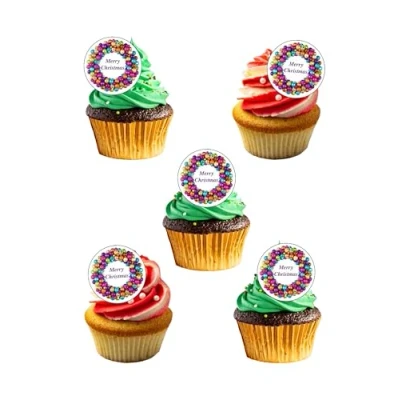 Image of 24 Precut 40mm Round Merry Christmas Bright Bauble Wreath Edible Wafer Paper Cake Toppers