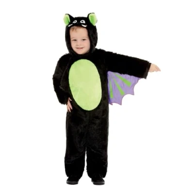 Image of Smiffys Toddler Bat Costume, Black with Hooded All in One, Halloween Child Fancy Dress, Dress Up Costumes