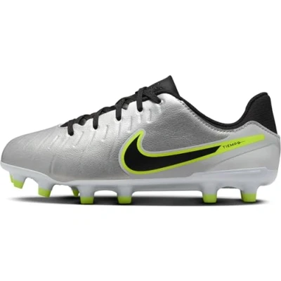 Image of Nike Performance JR Legend 10 Academy FG/MG Unisex Moulded stud football boots for kids, Size: 3.5, Metallic silver/black/volt Synthetics/textile