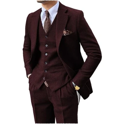 Image of Mens Suit 3 Pieces Formal Tweed Herringbone Slim Fit Prom Tuxedos Groomsmen(4XL,Burgundy)