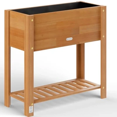 Image of CASARIA® Wooden Raised Bed Flower Pot Planter Garden Trough 68x30x75cm Solid FSC® Certified Acacia Wood 2 Levels Weatherproof Tier Shelf Natural Brown