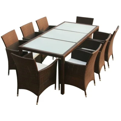 Image of vidaXL 9 Piece Outdoor Dining Set with Cushions Poly Rattan Brown