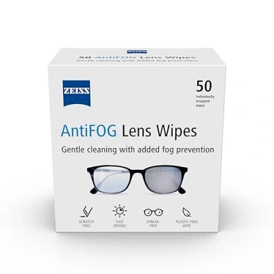 Image of ZEISS AntiFOG Wipes, Lens Cleaner for Glasses, Cameras &amp; Binoculars, Individually Packed Single Use Disposable Cloths in Sachets, Handy and Portable Spectacle Cleaning On The Go Pack of 50