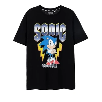 Image of SONIC THE HEDGEHOG Mens T Shirt Black Game On Graphic Tee for Adults Distressed Vintage Art Short Sleeved Top Classic Gaming Merchandise Apparel Gift Him