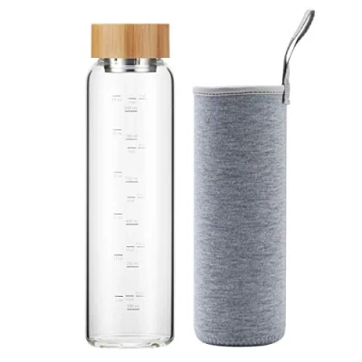 Image of sunkey 1 Litre Glass Water Bottle with Bamboo Cap, Reusable Borosilicate 1000 ml BPA Free (Grey)